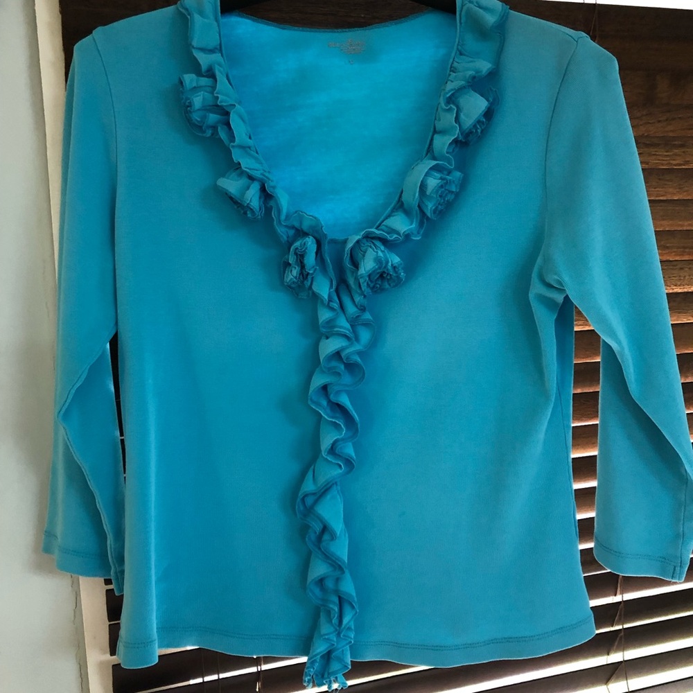 Turquoise top with roses along the neckline